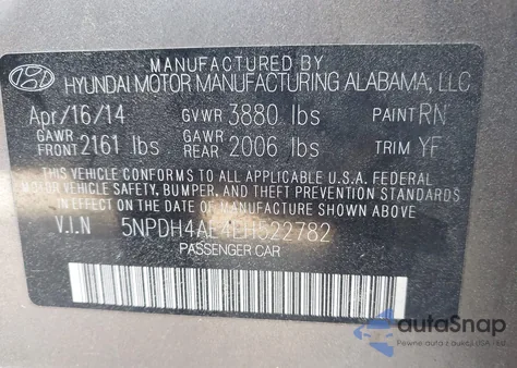 2014 Hyundai Elantra Se z USA, uszkodzony, nr VIN 5NPDH4AE4EH522782